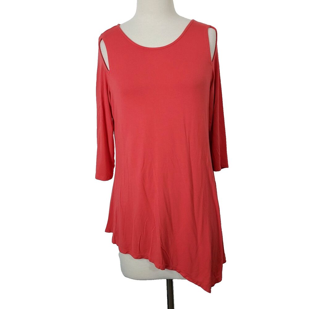 NYGARD Cold Shoulder Angle Hem Tunic Top Womens Medium Stretch Soft Flowy Coral